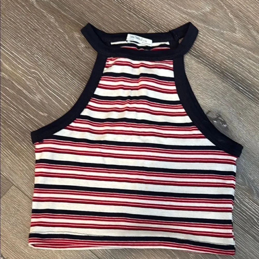 Zara White and Red Sleeveless Crop Tank Top with Striped Pattern